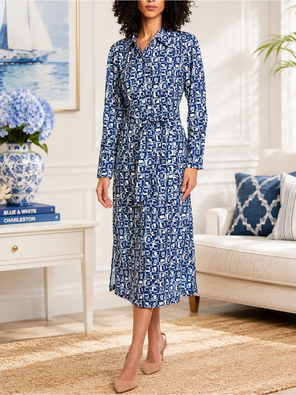 J. McLaughlin Long Sleeve Blue & White Geometric Floral Midi Dress – Size Small